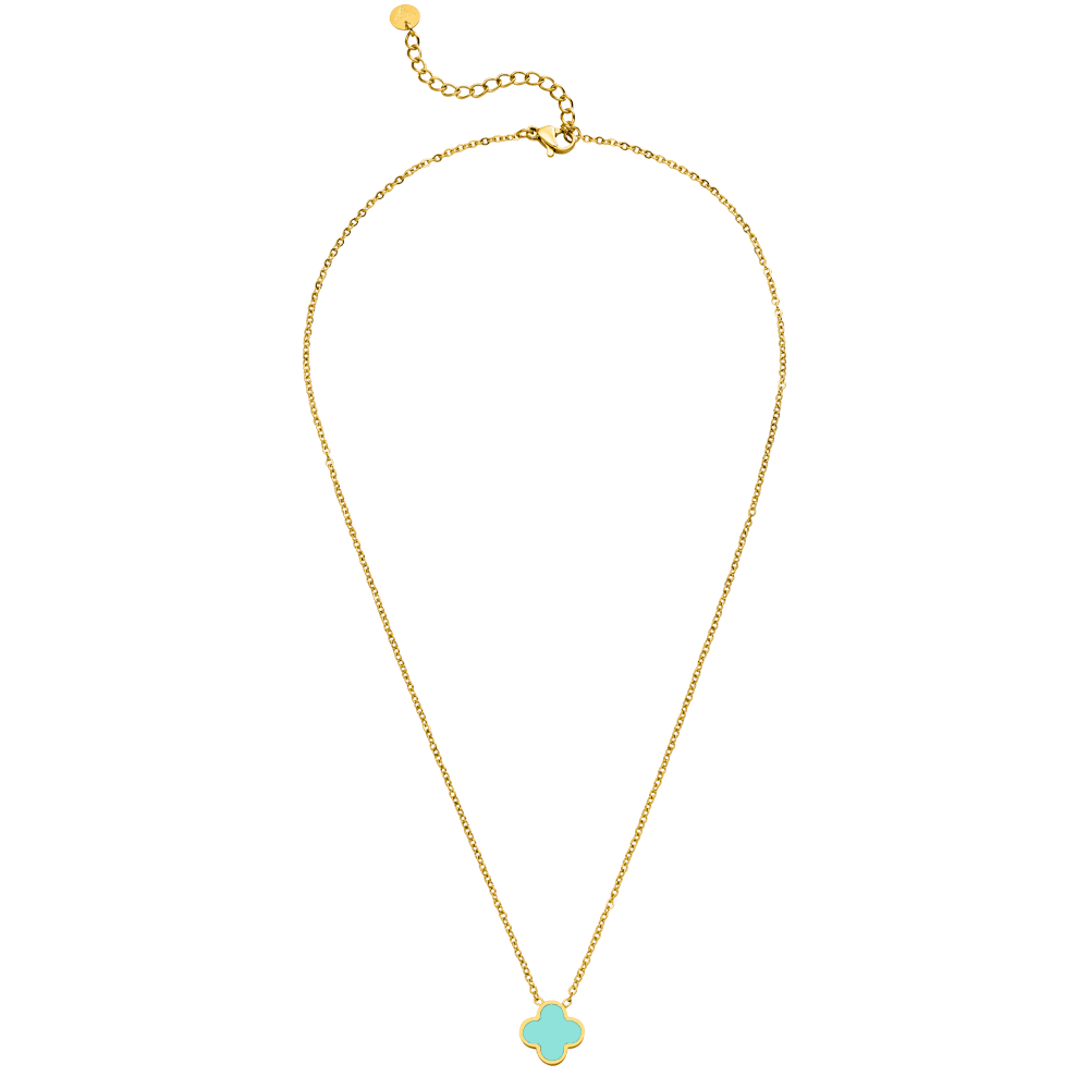 Kleeblatt Kette Clover 18K vergoldet wasserfest Eisblau